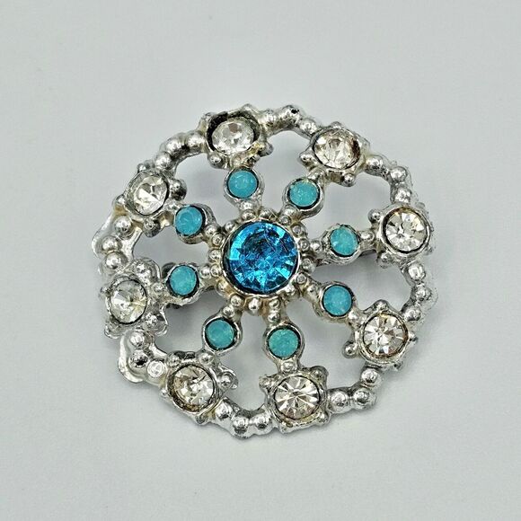 Ice Blue Brooch Vintage Round Jeweled Statement Open Circle  Estate Jewelry Pin - Picture 3 of 8